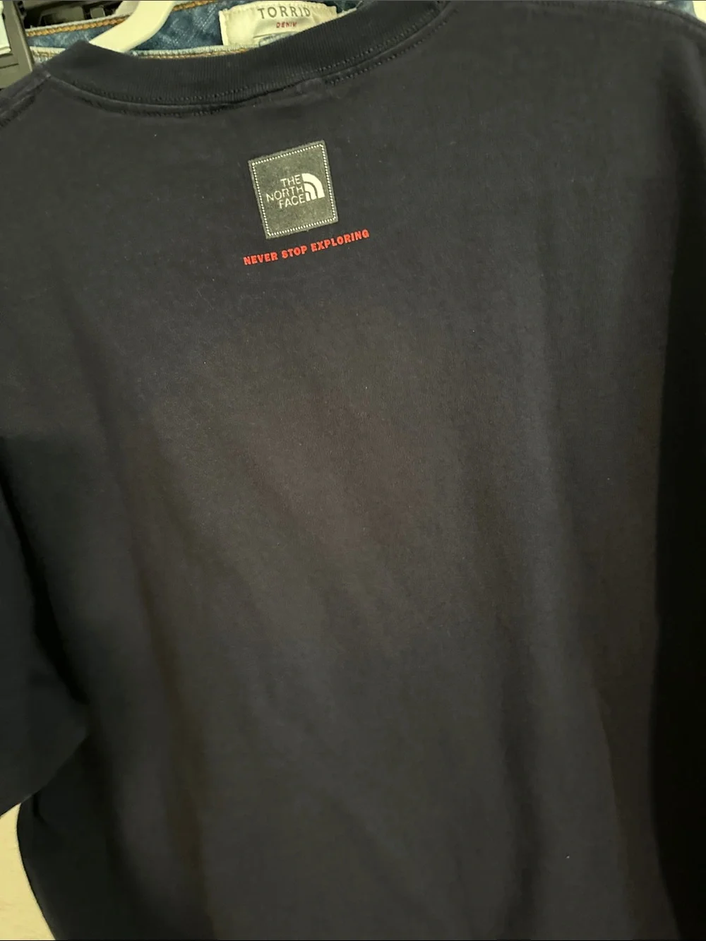 The North Face Men's Dark Navy Crewneck Tee with Gray Logo and Red Accent